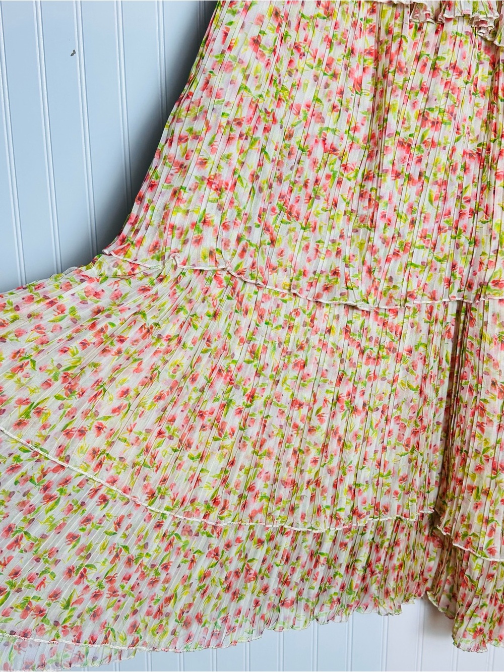 Something Navy Floral Pleated Tiered Dress S Romantic Chiffon Ruffle Pull On. - Picture 7 of 13